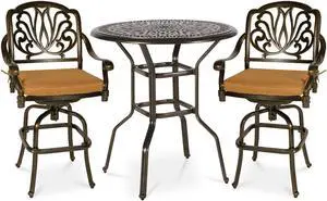 MEETWARM 3-Piece Patio Swivel Bar Set, All-Weather Cast Aluminum Outdoor High Bar Stool Bistro Set for Backyard Garden with 2 Cushions Bar Chairs with Footrest and 35.4" Bar Table, 2" Umbrella Hole