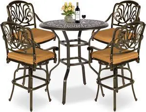 MEETWARM 5-Piece Patio Swivel Bar Set, All-Weather Cast Aluminum Outdoor High Bar Stool Bistro Set for Backyard Garden with 4 Cushions Bar Chairs with Footrest and 35.4" Bar Table, 2" Umbrella Hole