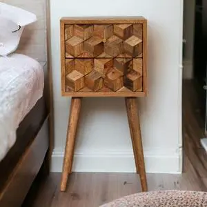Artisan Furniture Solid Wood Mini Cube Carved 2 Drawer nightstand