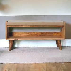 Artisan Furniture Solid Wood Oak-ish Nordic Storage Bench With Mud Linen