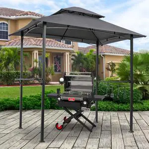 Aukfa 8'x5' Outdoor Modern Steel Grill Gazebo with Hook and Bar Counters, Gray
