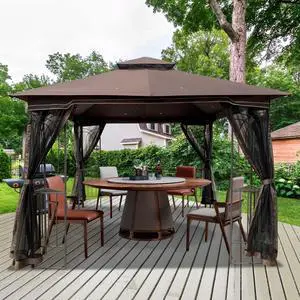 Aukfa Outdoor Patio Gazebo Canopy Tent - 10x10 FT with Mosquito Net, Brown