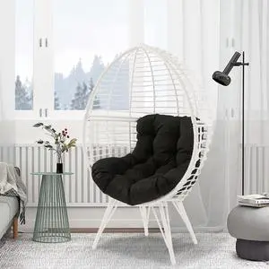 Aukfa Outdoor Wicker Egg Chair, Patio Garden Rattan Lounge Basket Chair, Black