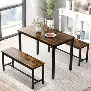 Aukfa Dining Table Set for 4, Kitchen Room Table Set with 2 Benches, 3-Piece Dining Chairs Set for Breakfast Nook, Brown