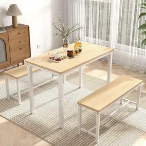 AuKfa Dining Table Set for 4, Kitchen Room Table Set with 2 Benches, 3-Piece Dining Chairs Set for Breakfast Nook, Original