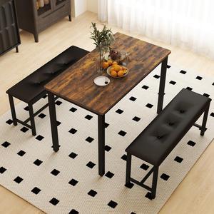 Aukfa Dining Table Set for 4, Wood Kitchen Table & Chair with 2 Upholstered Benches for Breakfast Nook and Small Space, Brown