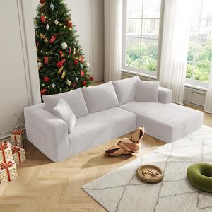 Aukfa Sectional Couches for Living Room, 5 Seat Sofa Couch with Corduroy Fabric, L-Shaped Cloud Sofa Set with 5 Pillows, No Assembly High-Density Sponge Sofa for Apartment, White