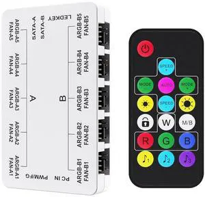Vetroo 20-Port Case Fan Hub with Remote, SATA Power 10-Port 4-Pin PWM Fan Speed and 10-Port 3-Pin ARGB Lighting Controller (White)