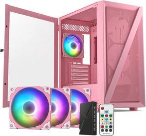 Vetroo M05 Micro ATX Computer PC Case with Door Open Tempered Glass Side Panel & Mesh Front Panel, Support 240mm Radiator, 4Pcs 120mm Addressable RGB Fans, Type-C Port - Pink