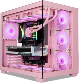 Vetroo AL900 ATX Computer PC Case 270° Full View Tempered Glass Pre-Installed ARGB & PWM Fan in Rear 360mm Radiator Support High-Air flow Perforated Up to 10 fans Support for 40 Series GPUs -Pink
