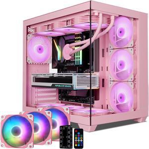 Vetroo AL900 ATX PC Case with 270° Full View Tempered Glass, Supports 360mm Radiator, 4 PWM FDB ARGB Fans with Controller - Pink