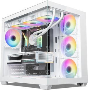 Vetroo AL900 ATX Computer PC Case 270° Full View Tempered Glass Pre-Installed ARGB & PWM Fan in Rear 360mm Radiator Support High-Air flow Perforated Up to 10 fans Support for 50 Series GPUs -White