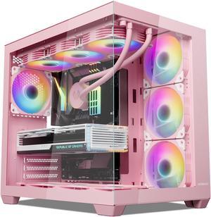 Vetroo AL900 ATX Computer PC Case 270° Full View Tempered Glass Pre-Installed ARGB & PWM Fan in Rear 360mm Radiator Support High-Air flow Perforated Up to 10 fans Support for 50 Series GPUs -Pink