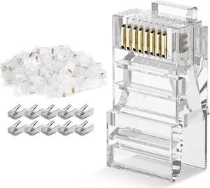 DARKROCK Cat6 RJ45 Connectors 100-Pack for Ethernet Cables - Compatible with Cat6/Cat5/Cat5e, Strong Antioxidant Performance, 24-26AWG/Flat Network Cables, RJ45 Keystone Inline Coupler - Transparent.