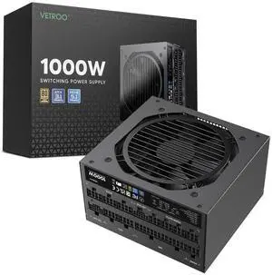 Vetroo 1000W Black Power Supply ATX 3.1 Ready Dual PCIe 5.1, 80 Plus Gold Full Modular, Compact Size, Eco Mode with 120mm FDB Fan, 10 Year Warranty, for Gaming PC and More