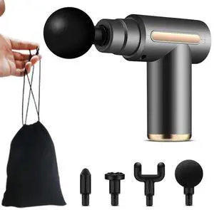 NO. Mini Massage Gun Fascia Gun USB Recharge 4 Massage Heads Travel Home Handheld Electric Massagers for Body Muscle Relax Fitness with Storage Bag Grey