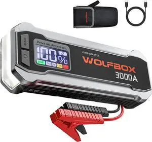 WOLFBOX 3000A Emergency Jump Starter - 16000mAh Portable Car Battery Booster Pack, Fast Charge, Supports 8L Gas/6L Diesel Engines, Built-in LED Flashlight & Smart Safety for Cars, Trucks, RVs