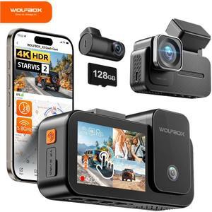 WOLFBOX X5 3-Channel 4K Dash Cam - Car Camera  with STARVIS 2 IMX678 Sensor, 4K+2.5K+1080P, 5.8GHz WiFi, GPS, Touch Screen, Voice Control, 128GB Card Included (Up to 512GB Support)