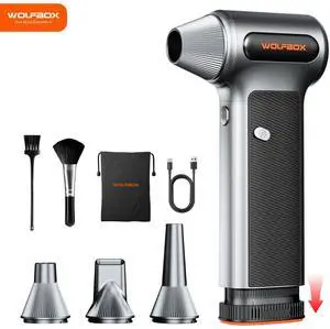 WOLFBOX MF200 Electric Air Duster with Removable Battery & 4 Nozzles, Cordless 3-Speed Adjustable Mini Blower for Computer Keyboard, Car Cleaning, Home, Snow & Auto Cleaning, and Outdoor Use