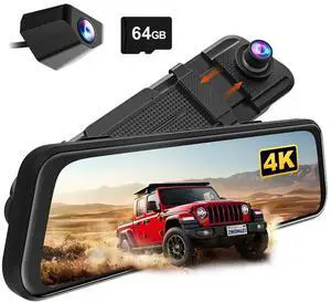 WOLFBOX M40 Lite 4K 10" Front Rearview Mirror Dash Cam and 1080P Rear Camera, Touch Screen, Loop Recording