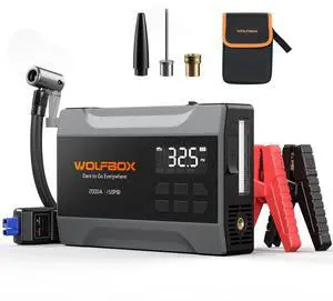 WOLFBOX 2000A Jump Starter with Air Compressor, 10000mAh Car Battery Jumper Starter Portable (up to 5L Gas Engine) with 150PSI Tire Inflator, 12V Jump Box with Jumper Cables, Boost, LED Light