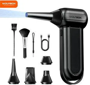 WOLFBOX Cordless Air Duster, 150000RPM High-Speed, Rechargeable, 3-Speed Mini Blower for PC, Keyboard, Outdoor Use, Snow & Auto Cleaning - Long-Lasting Battery, Black