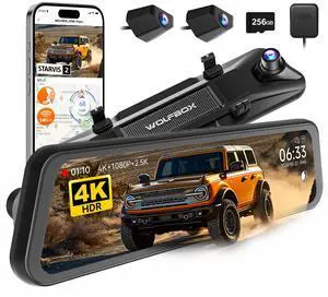 WOLFBOX G900 Tripro Bumper Version 3 Channel 4K Mirror Dash Cam, 8MP STARVIS 2 IMX678 Night Vision, 4K+2.5K+1080P Front and Rear Bumper Dash Cam, 5.8GHz WiFi, Voice Control, Includes 256GB Card & GPS