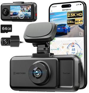 REDTIGER A6 Dash Cam 3 channels, 2.5K Full HD Dash Camera for Cars, Included 64GB Card, Built-in 5.8GWiFi and GPS, 3 Touch Screen, Night Vision, 24H Parking Mode