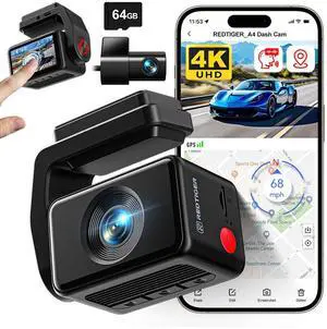 REDTIGER A4 Dash Cam Front and Rear with 5.8GHz WiFi and GPS, 2" Touch Screen, included Free 64GB Card, with Parking Monitoring and Loop Recording, Super night vision