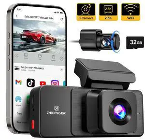REDTIGER A3 Dash Camera,  3 Channel, 2.5K Front + 1080P Dash Cam Front and Rear and Inside, Free 32GB Card, WiFi Car Security Camera, WDR Night Vision, 24H Parking Monitor