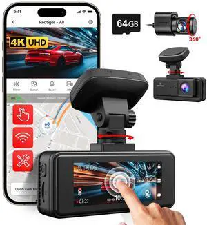 REDTIGER A8 Dash Cam, 4K Dash Cam Front and Rear, 3.18" IPS Touch Screen Car Camera, Dual Dash cam with 64GB Card, Built-in GPS, Super Night Vision, 24H Parking Monitor, G-Sensor, Loop Recording