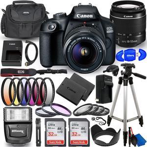 Cannon EOS 4000D / T100 DSLR Camera with EF-S 18-55mm f/3.5-5.6 DC III Lens International Version - Bundle Includes: 2X SanDisk 32GB Memory Cards, Extra Battery, Tripod, Case and More