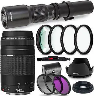Canon EF 75-300mm f/4-5.6 III Lens (Black) + 500mm Preset Lens + Filter Bundle