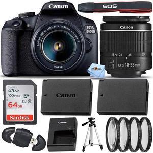 Canon EOS 2000D / Rebel T7 with EF-S 18-55mm III Lens + 64GB + EXT BATT Bundle
