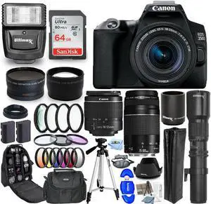 Canon EOS 250D / Rebel SL3 DSLR with 18-55mm + 500mm + 64GB + Flash Bundle