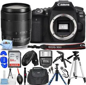 Canon EOS 90D DSLR Camera with 18-135mm Lens + 64GB + Flash + Tripod Bundle