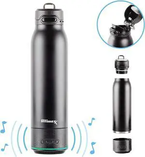 Vacuum Insulated Premium Water Bottle with Rechargeable Bluetooth Speaker - Steel Double Wall Design + Lights, Convenient Drinking Spout, Lid Lock, and Carry Handle (700ml/23.6 oz) Black