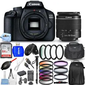 Canon EOS 4000D / Rebel T100 with 18-55mm Lens + 64GB + Filter Kit Bundle Canon EOS 4000D / Rebel T100 with 18-55mm Lens + 64GB + Filter Kit Bundle