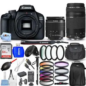Canon EOS 4000D / Rebel T100 4 Lenses 18-55mm + 75-300mm + 64GB Top Value Bundle Canon EOS 4000D / Rebel T100 4 Lenses 18-55mm + 75-300mm + 64GB Top Value Bundle