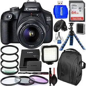 Canon EOS 4000D/Rebel T100 with 18-55mm + 64GB + Filter Kit + Backpack Bundle Canon EOS 4000D/Rebel T100 with 18-55mm + 64GB + Filter Kit + Backpack Bundle
