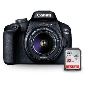 Canon EOS 4000D / Rebel T100 with EF-S 18-55mm III Lens + Sandisk Ultra 32GB SD Canon EOS 4000D / Rebel T100 with EF-S 18-55mm III Lens + Sandisk Ultra 32GB SD