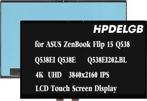 Q538 Screen Replacement for ASUS ZenBook Flip 15 Q538 Q537 Q538EI Q538E Q538EI-202.BL LCD Display Touch Screen Digitizer Assembly Replacement 15.6" 4K UHD 3840x2160 IPS 40Pin IPS (No Bezel)