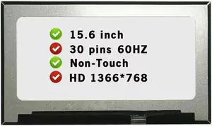 NUOLAISUN 15.6" LCD Screen Replacement DP/N 7XMDT CN-07XMDT Display Panel HD 1366(RGB)×768 30 pin 60 Hz Non-Touch (Without Tabs)