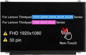 NUOLAISUN 15.6" LCD Screen Replacement LM156LF5L01 LP156WF9-SPK2 N156HCA-EAA NV156FHM-N47 for Lenovo Thinkpad T570 20HA 20JX 20JW 20L9 20LA Series Non-Touch Display Panel FHD 1920x1080 30 pin 60Hz
