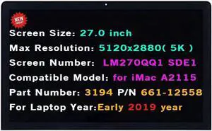 NUOLAISUN 5K LCD Replacement LM270QQ1 (SD)(E1) SDE1 SD E1 for iMac A2115 Early 2019 Year EMC 3194 P/N 661-12558 27.0" Screen Display Panel + Front Glass Cover with Adhesive(Not fit 2020 Year)