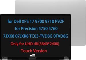 17.3" 3840x2400 UHD 4K LCD Screen Replacement for Dell XPS 17 9700 9710 P92F for Precision 5750 5760 7JXK8 07JXK8 TC03-TVD8G 0TVD8G TB02-TVD8G Touch LCD Top Hinges Assembly Display (Silver)