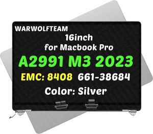 NUOLAISUN Compatible with MacBook Pro Retina A2991 M3 Pro/Max 2023 EMC 8408 MRW23xx/A MRW33LL/A LCD Screen Digitizer Replacement Cover Cable Hinges Full Top Assembly 16" 3456 x 2234 (Silver)