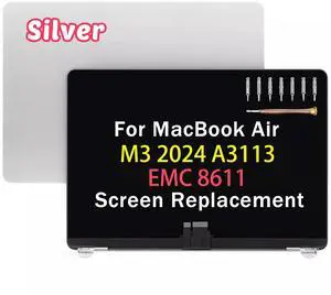 NUOLAISUN A3113 LCD Screen Replacement for MacBook Air M3 2024 13.6" A3113 EMC 8611 Full LED LCD Screen Display Assembly (silver)
