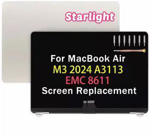 NUOLAISUN A3113 LCD Screen Replacement for MacBook Air M3 2024 13.6" A3113 EMC 8611 Full LED LCD Screen Display Assembly (starlight)