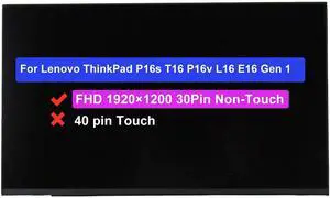 NUOLAISUN 16.0" Screen Replacement for Lenovo ThinkPad P16s T16 P16v L16 E16 Gen 1 5D10V82408 SD10Z34944 N160JCA-EEL FHD 1920×1200 60Hz 30Pin LCD Non-Touch Display Panel